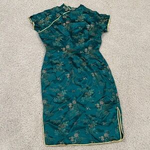 Elegant Teal Floral Dress silk Asian Chung sum